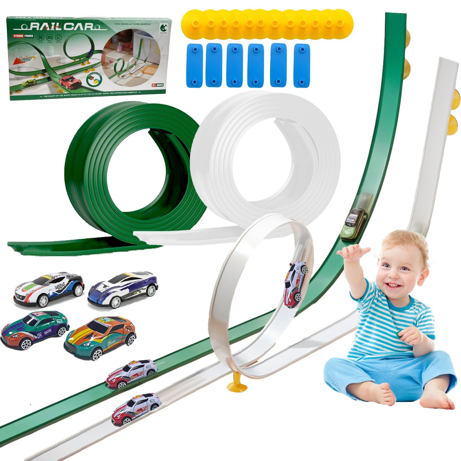 Caossuixin 2 Pack 5M Flexible Race Car Track for Kids with 4 Alloy Car, Speed Toy Car Track for Loops, Jumps, Ramps with Suction Cups Christmas Birthday Gifts for 3 4 5 6 7 8 Years Old Boys Girls Kids