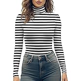 YumiDay Women's Turtleneck Long Sleeve Top, Striped High Neck Shirt Baselayer Ribbed Stripes Slim Fitted Tee Stretchy