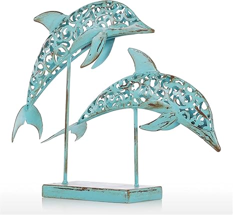 Amazon 金属 彫刻 2つの青いイルカの鉄の手作りの彫像のデザインの彫像の装飾海洋生物のレトロな効果 誕生日プレゼント 置物 オブジェ オンライン通販