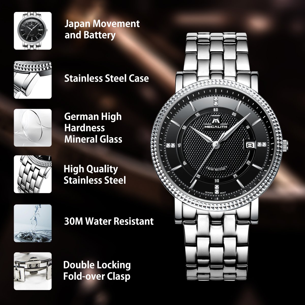 Mens Black Wrist Watches Men Waterproof Silver Stainless Steel Watches Date Luxury Thin Watch for Men