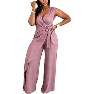 Btokuga Jumpsuits for Women Casual V-Neck Sleeveless Tie Waist Wide Leg Pants Rompers One Piece Jumpsuits Sexy Club Outfits