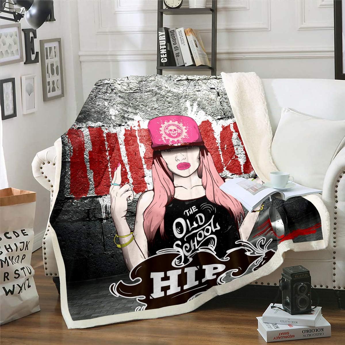 Erosebridal Hip Hop Sherpa Blanket The Old School Blanket Throw Cool Girl Street Dance Fleece Blanket for Kids Teen Youth Young Man Street Culture Graffiti Fuzzy Blanket Twin 60