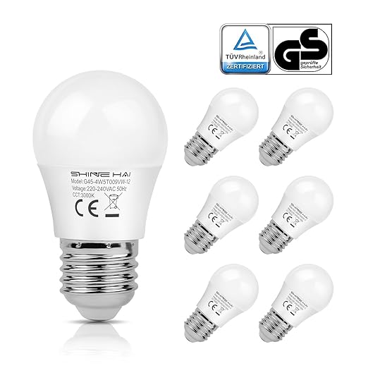 SHINE HAI Bombillas LED E27 G45,Equivalente a Lámparas de 40w, Blanco Cálido 3000k, 350LM, 6 Unidades