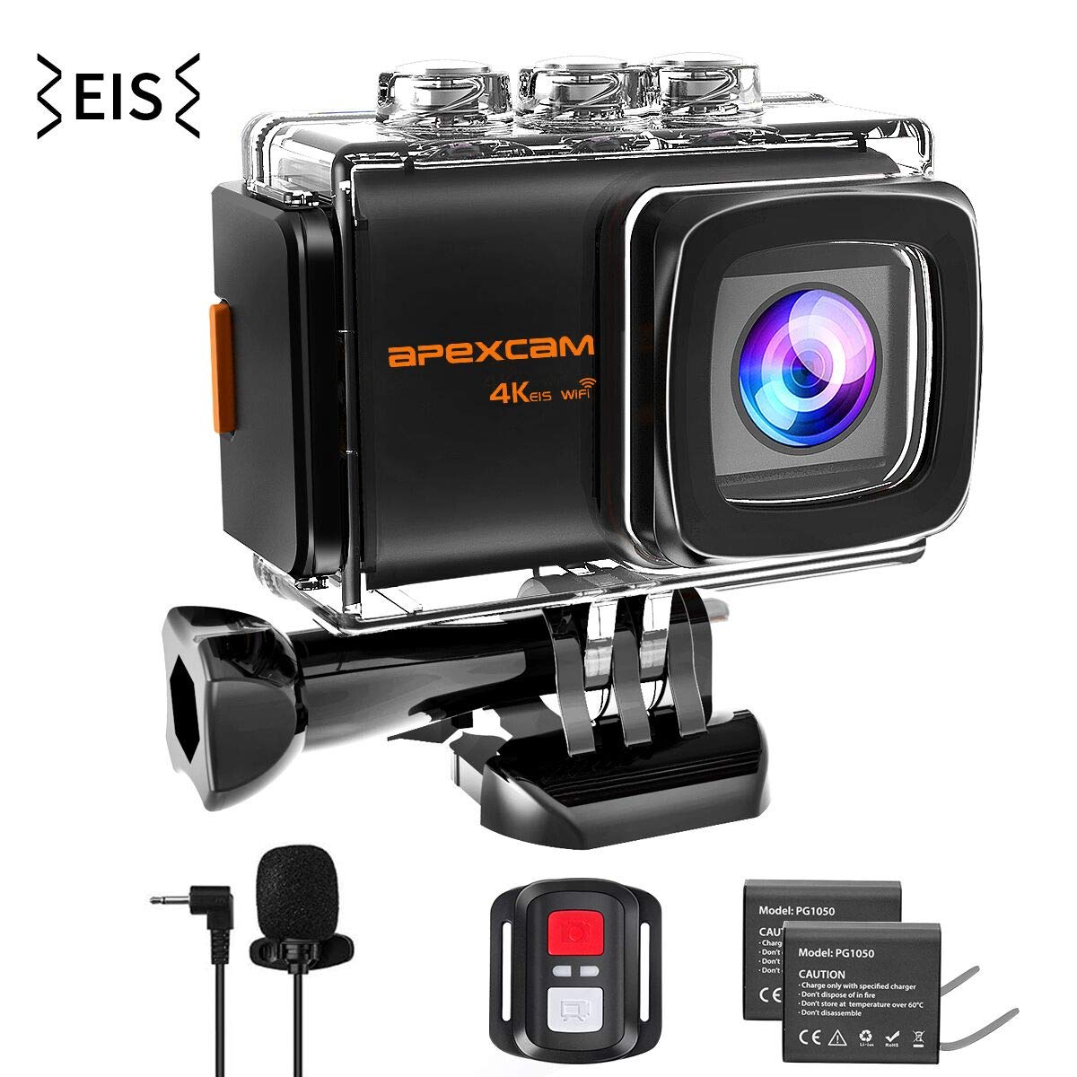 Apexcam 4K 20MP WiFi Action Camera EIS Ultra HD Sports Camera Underwater Waterproof 40M Camcorders External Mic 170Â°Wide-Angle 2.0â€™â€™LCD 2.4G Remote 2 Rechargeable Batteries and Accessories by Apexcam