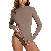 ODODOS Women's Double Layer Mock Neck Long Sleeve T-Shirts Ultra-Soft Lightweight Basic Tee Slim Fit Top