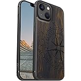 Carveit Magnetic Wood Case for iPhone 13 Case [Hard Real Wood & Soft TPU] Unique & Classy Wooden Shockproof Hybrid Protective Cover Compatible with MagSafe (Vintage Compass Carving-Blackwood)