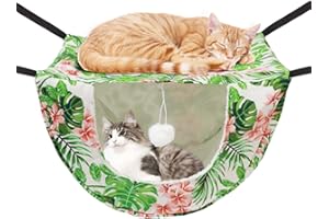 JSPYFITS Cat Cage Hammock with Ball,Double Layer Hanging Adjustable Soft Pet Bed Suit for Kitten Ferret Puppy Rabbit or Small Pet, 2 Level Indoor Bed for All Season(INS Green Leaves)