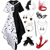 Mecamelon 13Pcs/9Pcs Women's Dalmatian Black and White Costume Dress with Wig Gloves Accessories Party Outfit