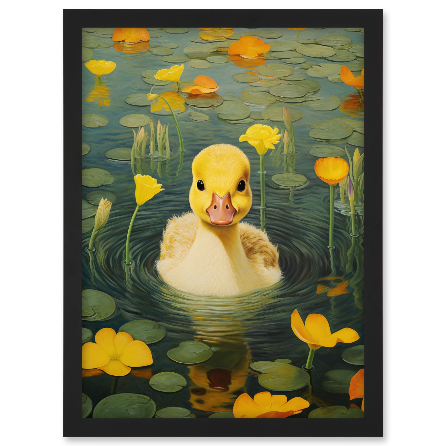 Artery8 Whirlpool Duckling Lily Pads and Flowers Kids Bedroom Nursery Artwork Framed A3 Wall Art Print