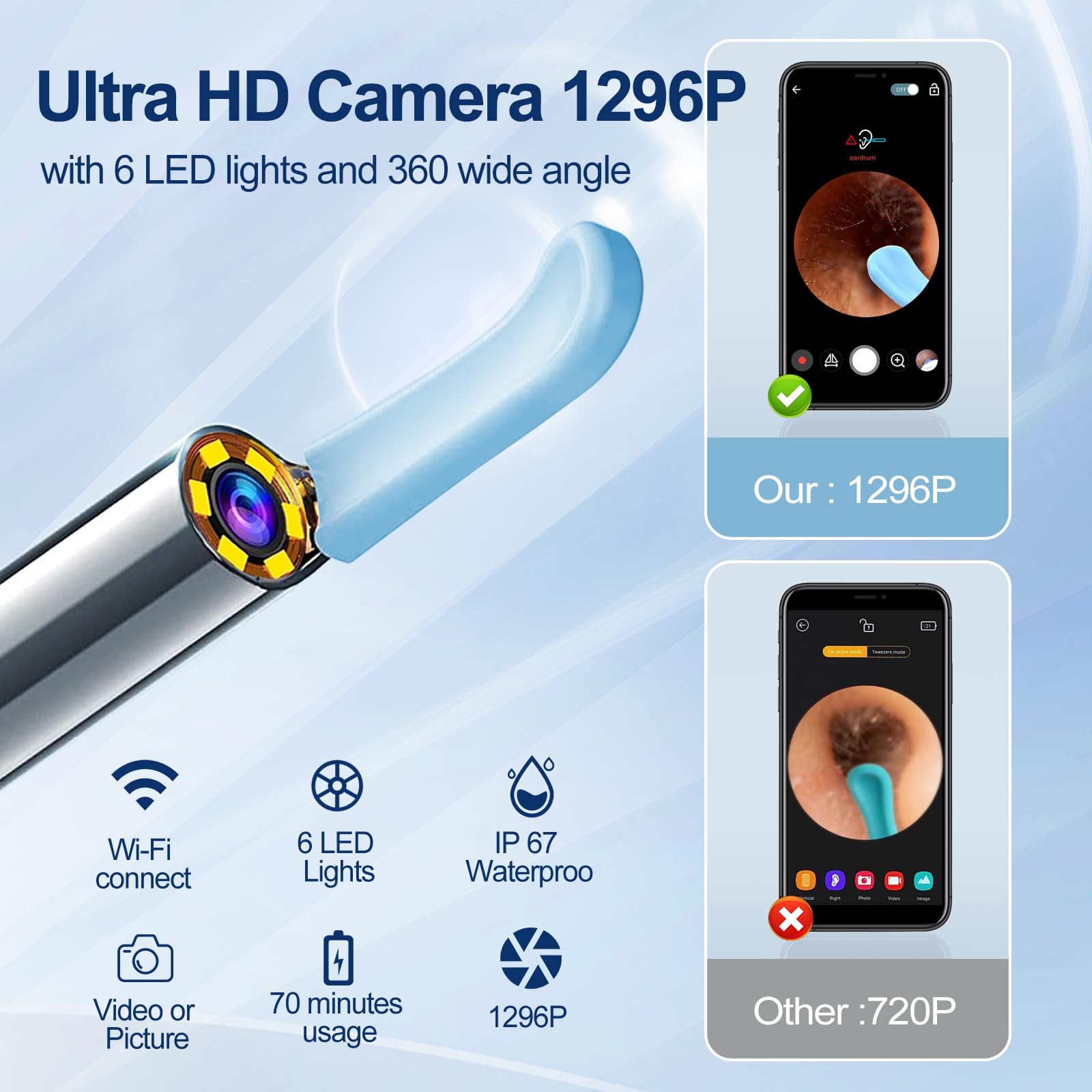 Ear Wax Removal, Ear Cleaner with Camera with 1296P, Earwax Removal kit with 9 Ear Pickand 8 Traditional Tools, Built-in WiFi lP67 Waterproof, Ear Cleaning Kit foriPhone,iPad,Android (Black)