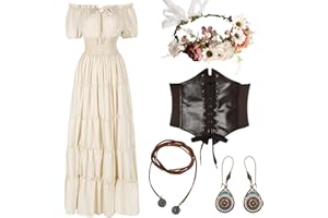HSDOU 5 Pcs Renaissance Medieval Costume Dress Women Fairy Dress Peasant Cottagecore Dress 1700s Victorian Fairy Costume