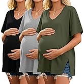 Ficerd 3 Pack Maternity Shirts Cotton V Neck Mama Tee Dolman Sleeve Side Split Pregnancy Clothes Summer Oversized Tops