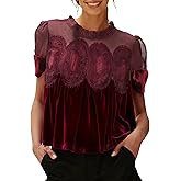 Gozoloma Women's Velvet Lace Blouse Casual Round Neck Short Sleeve Flared Swing Top Elegant Loose Intricate Back Design