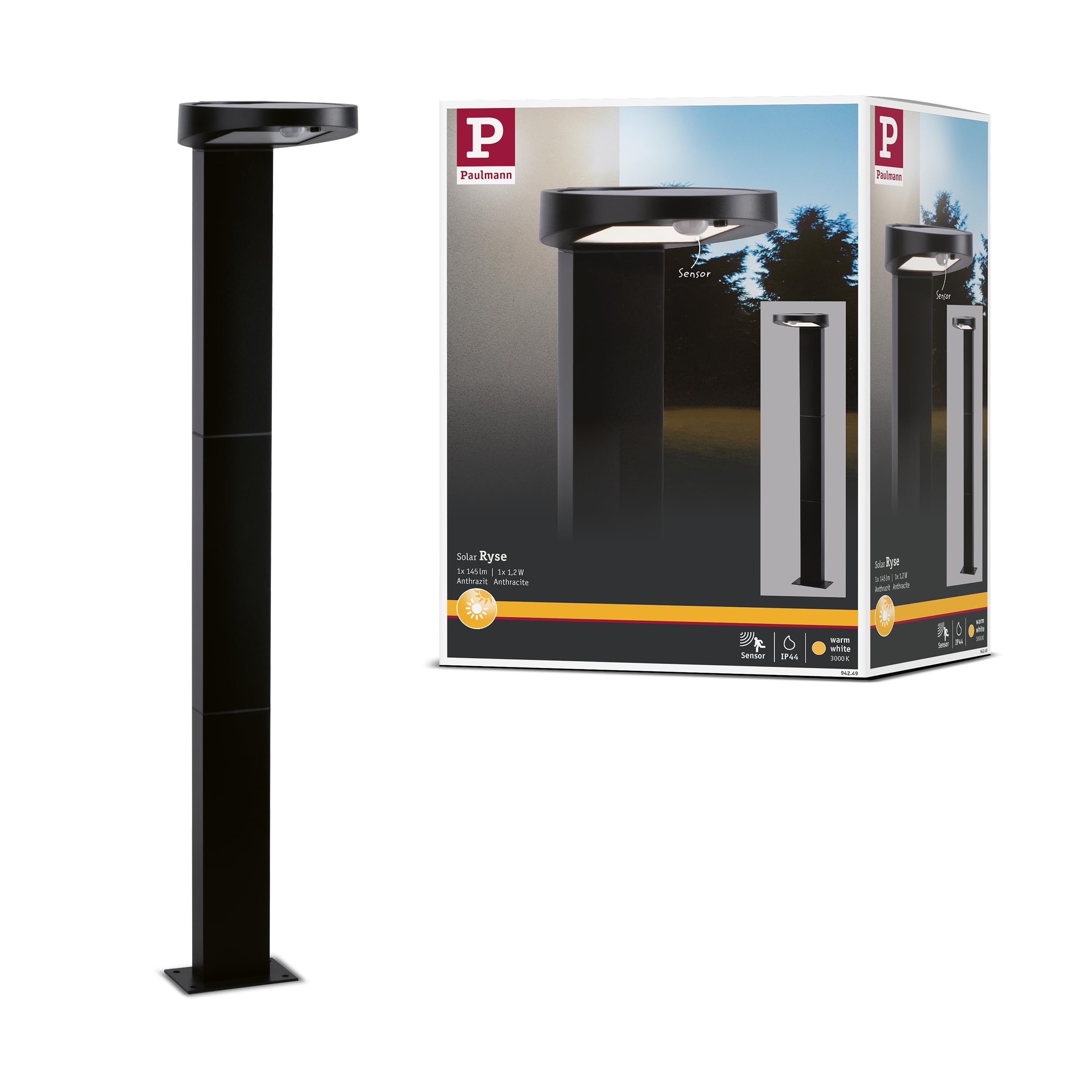 Paulmann 94249 Ryse Solar Bollard Light LED Outdoor luminaire incl. 1x1.2 watt Anthracite Plastic 3000 K Warm White