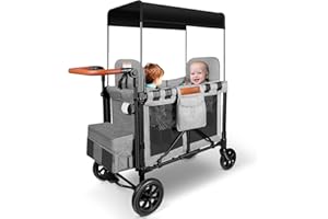 Badovinci Stroller Wagon for 2 Kids, Foldable Push-Pull Rod Wagon Featuring 2 High Seats with 5-Point Harnesses and Adjustabl