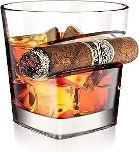 Old Fashioned Whiskey Glass, Kollea Cigar Whiskey Glass with Cigar Rest Holder, Whiskey Gift for Men, Dad, Boyfriend, Husband for Birthday, Anniversary, Retirement, Christmas, New Year (Square)