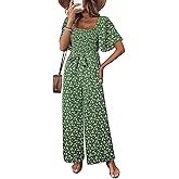Happy Sailed Womens Summer Jumpsuits Floral Printed Short Sleeve High Waisted Pockets Wide Leg Rompers Beach Vacation Outfits