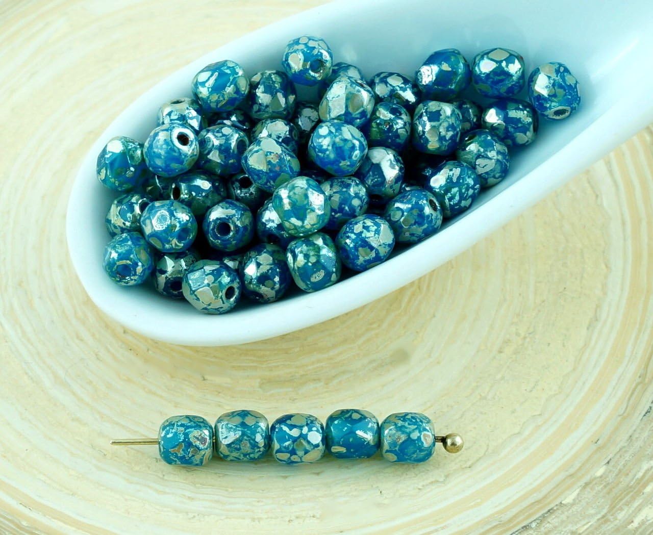 100pcs Blue Aquamarine Silver Picasso Round Czech Glass Beads Faceted Fire Polished Small Spacer 4mm