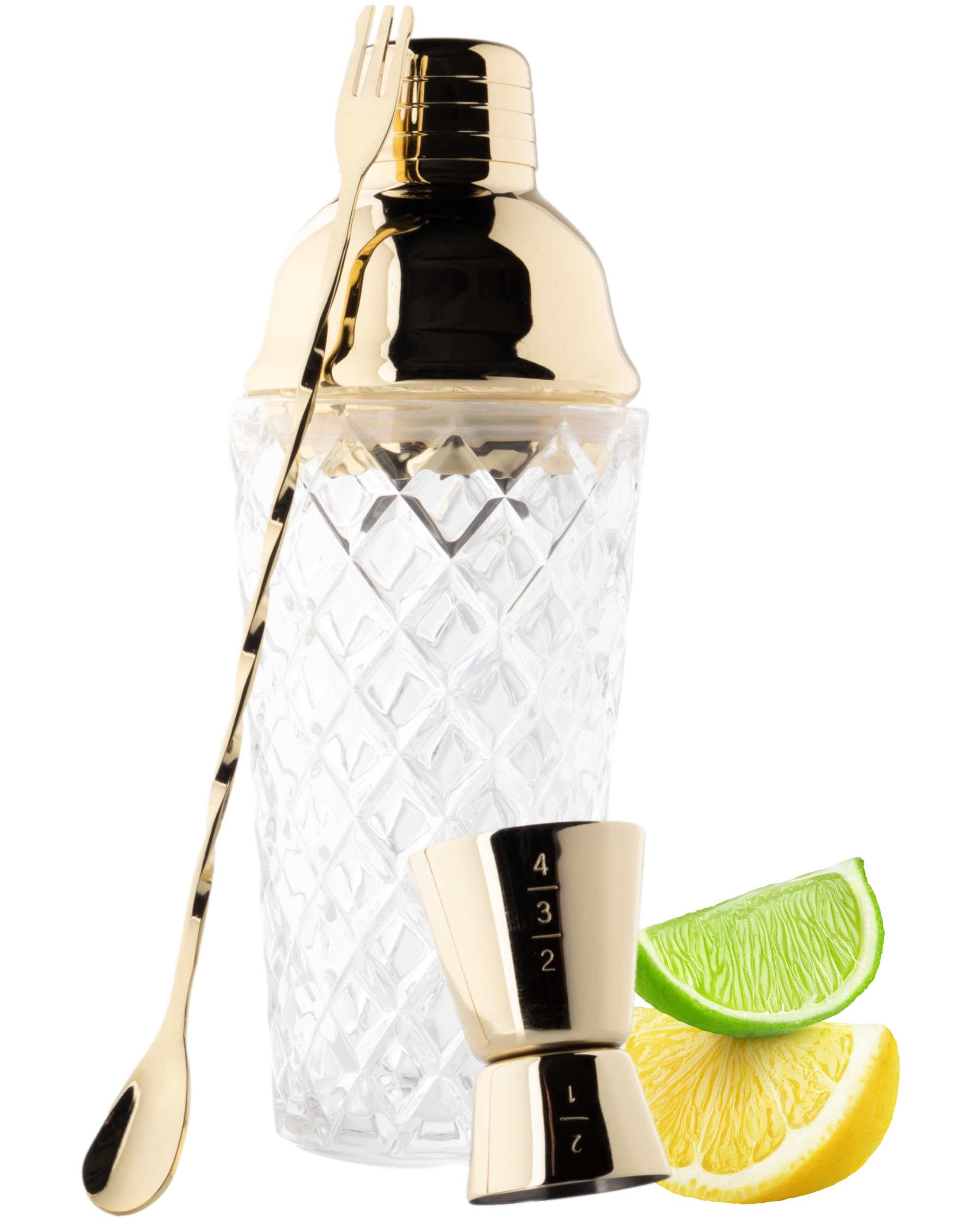 Taylor's Eye Witness Taproom 3pcs Gold Coloured Stainless-Steel & Glass Debossed Pattern Cocktail Shaker Set - Includes 400ml (14fl oz) Metal Cobbler Shaker, 25ml/40ml Double Jigger & Mixing Spoon.