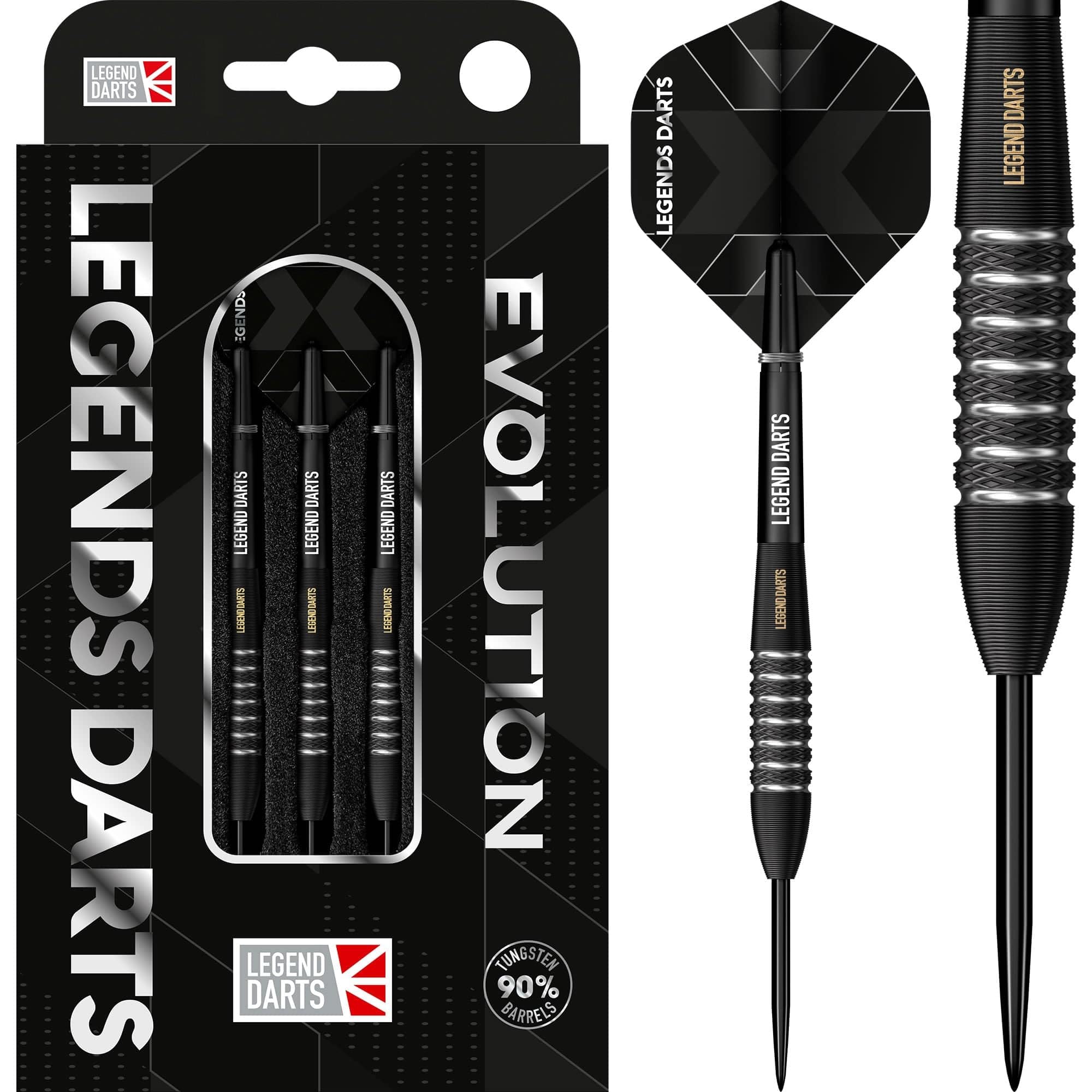 Legend Darts | Steel Tip Darts Set | 90% Tungsten | Evolution Series | B09 | Black | Knurled Bomb | Multiple Weights Available. (24, Grams)