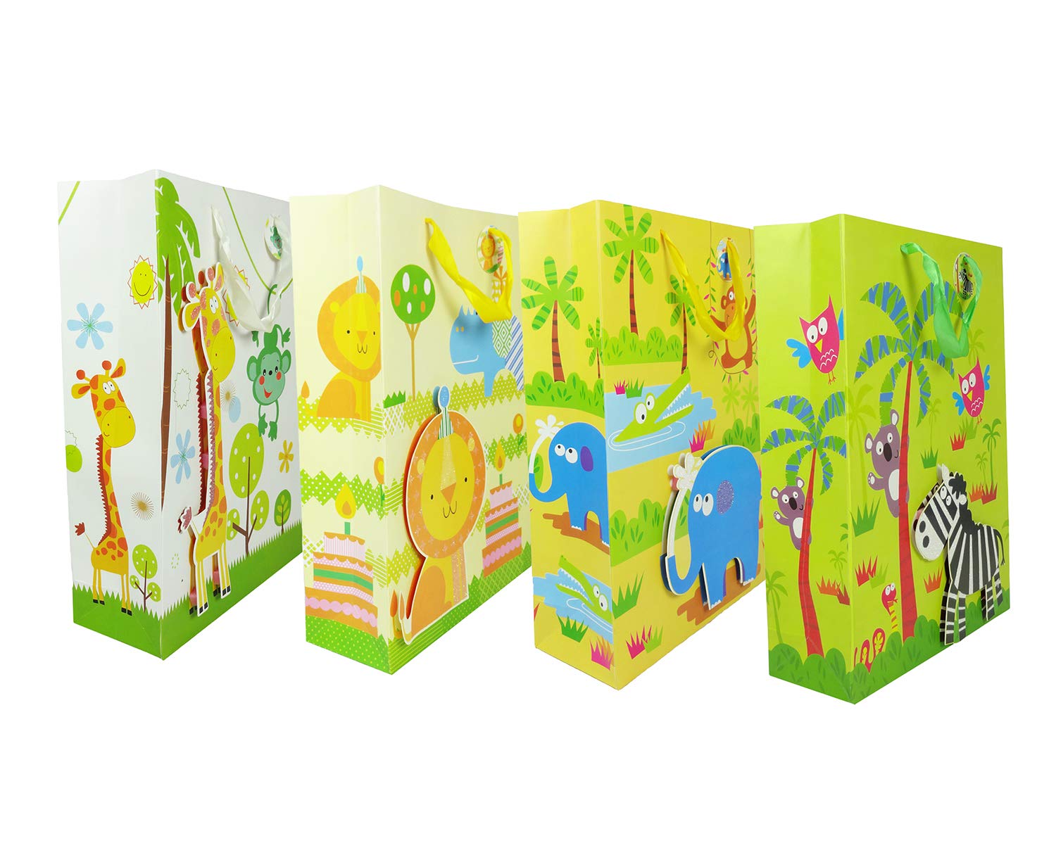Emartbuy Set of 4 Luxury Gift Bag Strong Laminated Paper Mixed Colours 3D Effect 30 x 41.5 x 12 cm - MultiColoured Animals