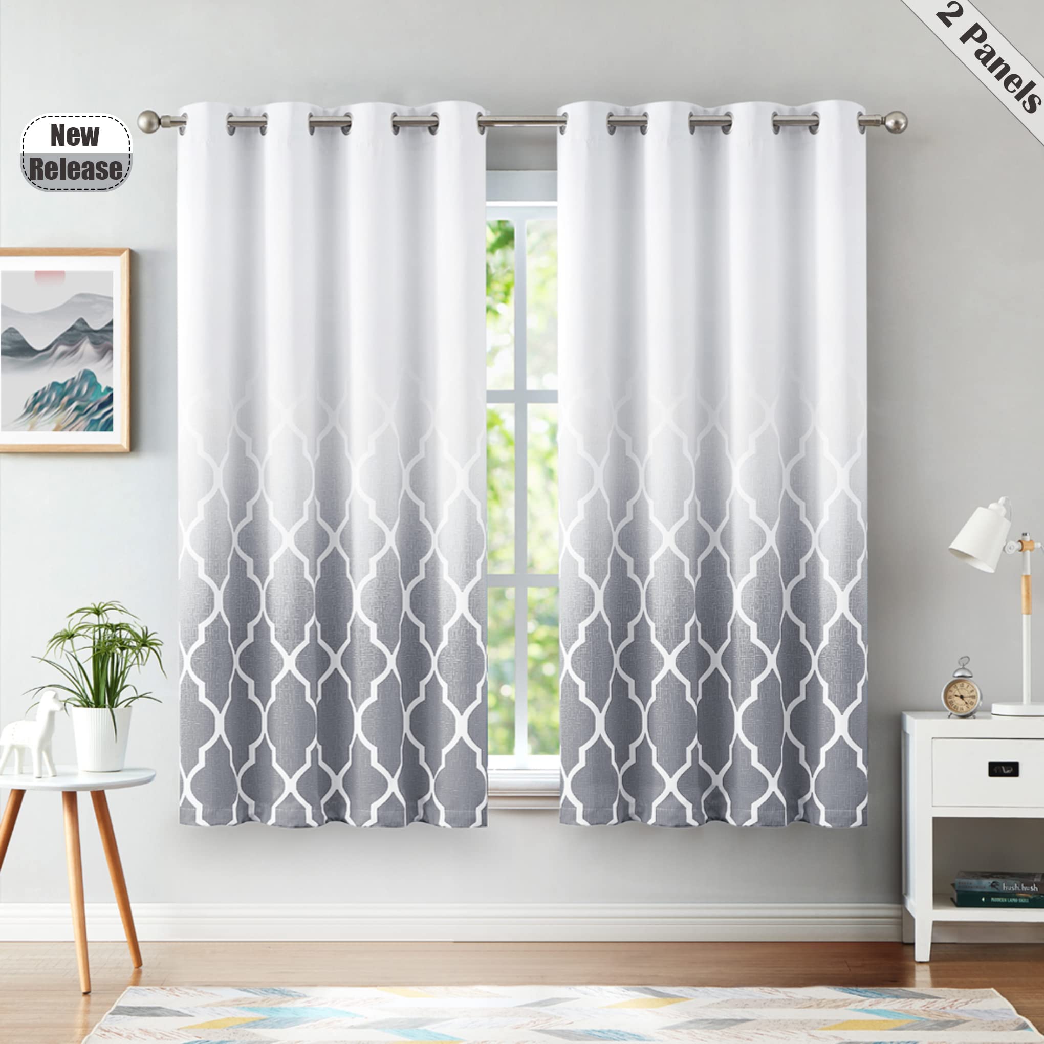 Beauoop Blackout Curtains for Bedroom Grey Ombre Curtains 72 Inch Drop Geometric Print Eyelet Curtain for Living Room Darkening Thermal Insulated Window Curtain Drapes 2 Panel