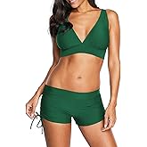 Century Star Women's Two Piece Swimsuit Deep V Neck Halter Push Up Top with Boyshort Athletic Bathing Suit Z Green 8-10