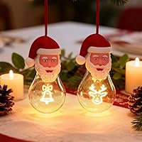 Brightever 2-Pack Lighted Christmas Hanging Ornaments for Christmas Tree Decor, Santa Claus Night Lights USB Rechargeable, Shatterproof A19 LED Bulbs with Bell and Reindeer Filaments for Indoor Decor