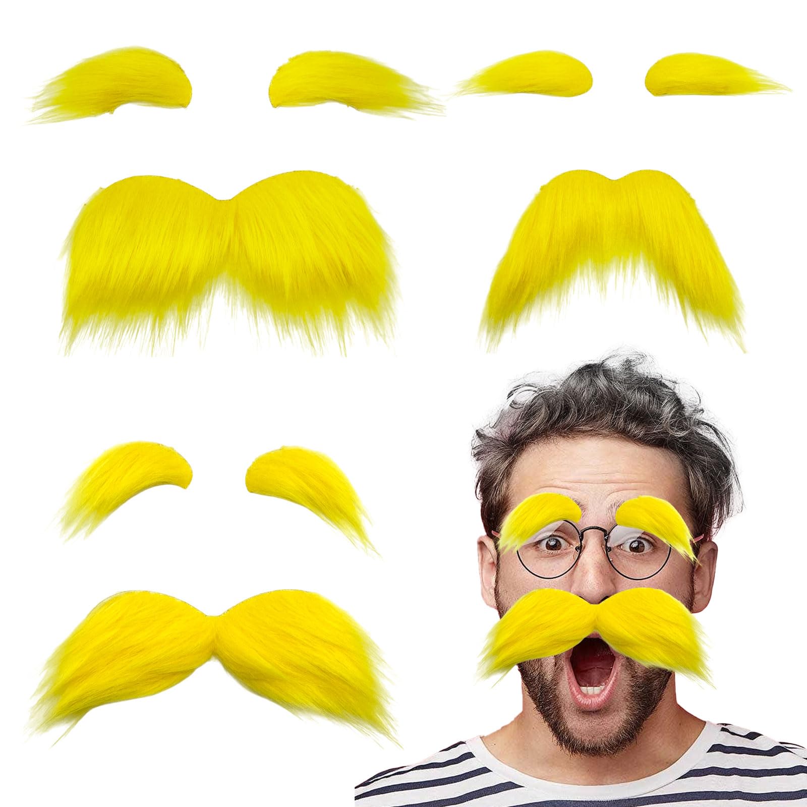 UILYNIU 3 Pack Halloween Yellow Fake Mustache and Eyebrows for Men Women, Fake Beard Facial Novelty Mustache Prop, Self Adhesive Novelty Mustache for Festival Party Costume Cosplay Masquerade