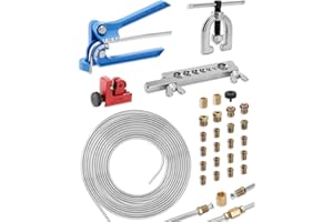 Turnirace 25 ft 3/16in Zinc-Plated Brake Line Flaring Tool Kit, Includes 3-in-1 Tube Bender, Double & Single Flaring Tool Set, 1 Tube Cutter, 2 Threads Unions, 20 Fittings
