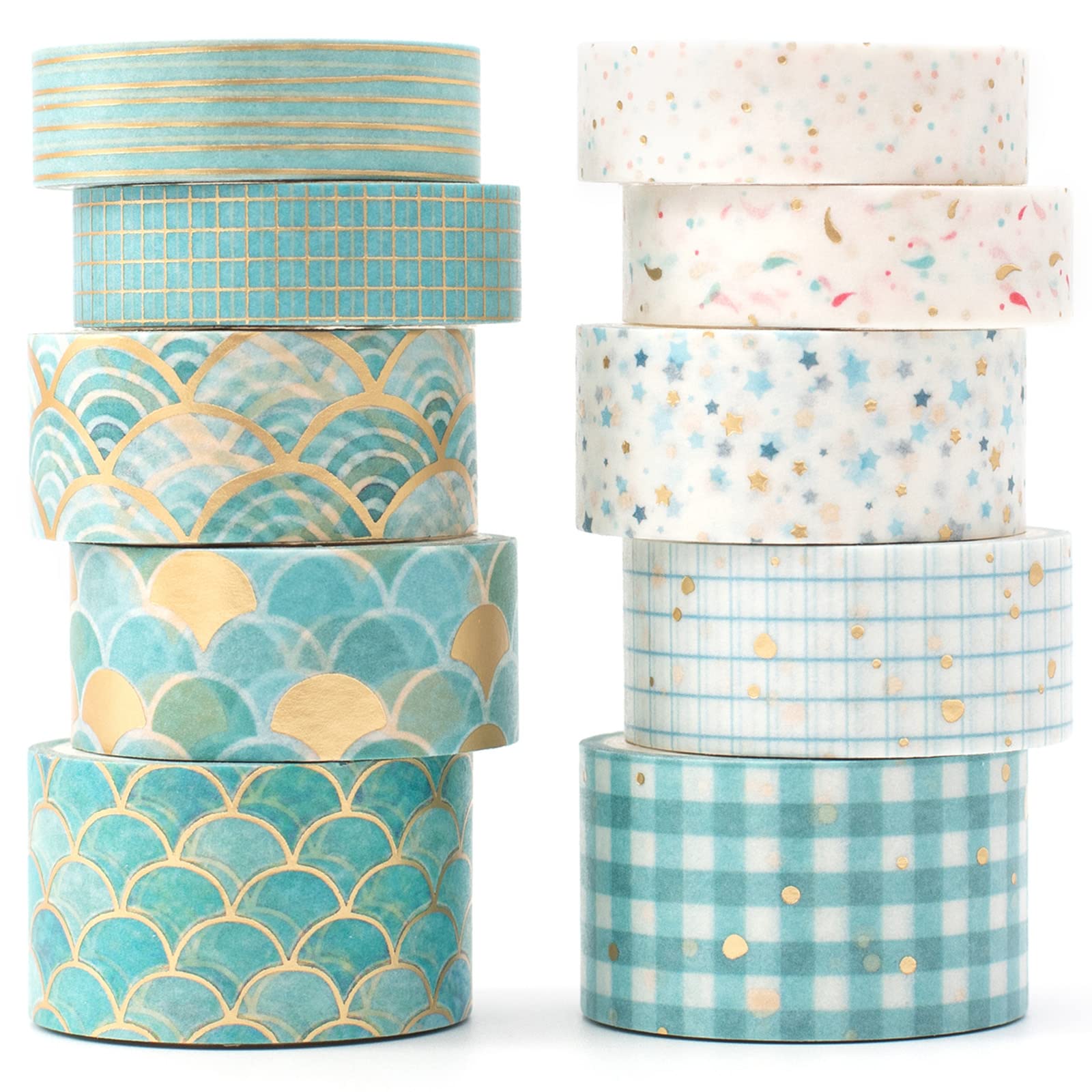 YUBX 10 Rolls Washi Tape Set Creative Gold Foil Decorative Tapes Masking Tape Sets for Craft, Kids, Scrapbook, Bullet Journal, DIY, Gift Wrapping (Bronzing Blues)