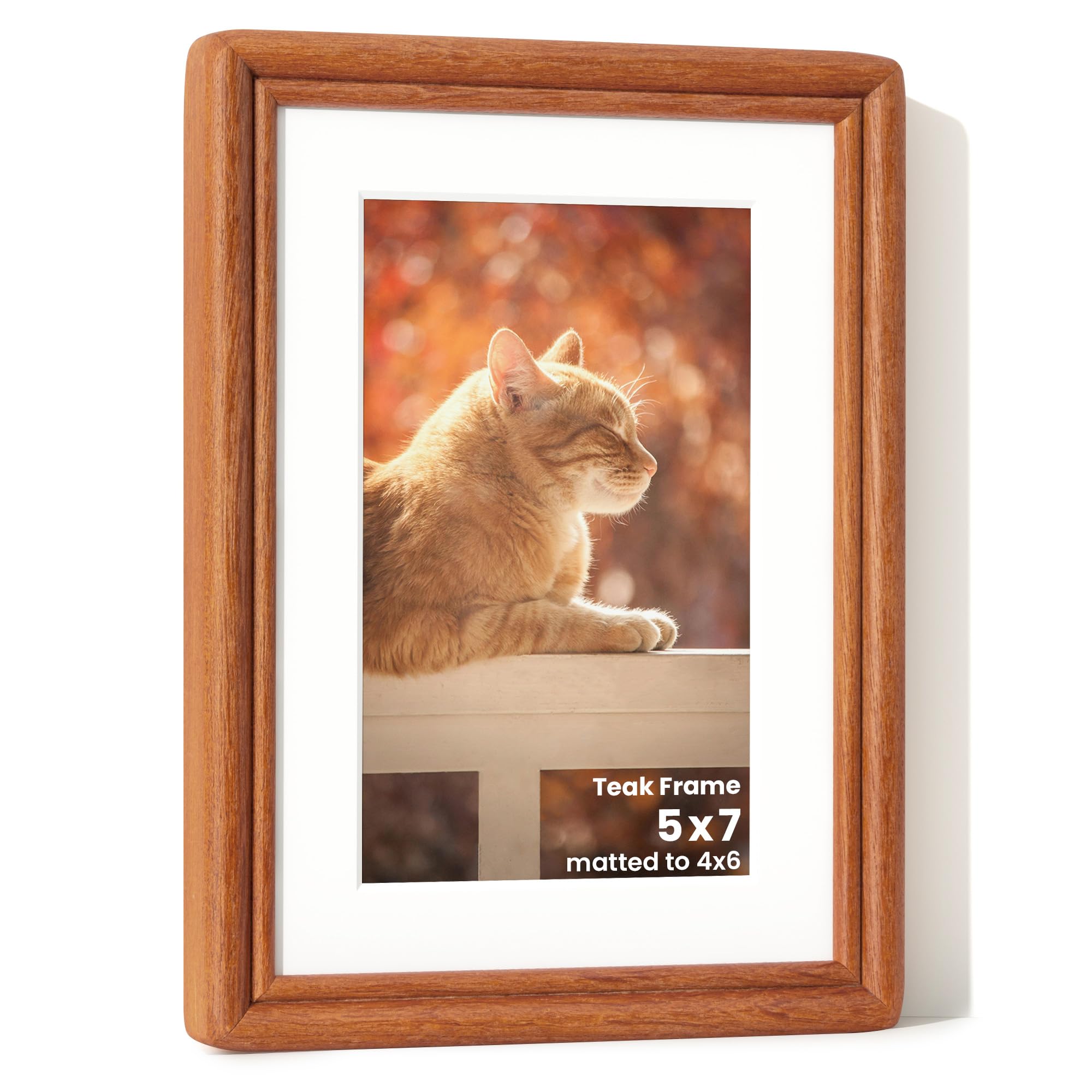 RICHFOCUS 5x7 Picture Frame, Natural Solid Teak Wood Picture Frame with High Tempered Glass, Handcrafted Rounded Corner 5 by 7 Wooden Frame Matted to 4x6 Photo for Wall & Tabletop Display