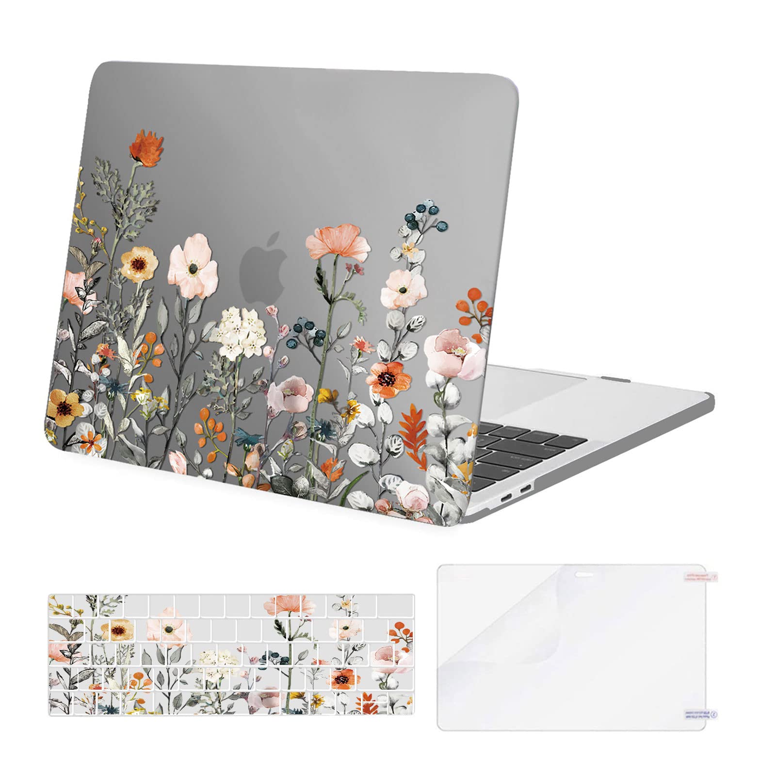 MOSISO Compatible with MacBook Pro 13 inch Case M2 M1 2026 2025 2024 2023-2016 A2338 A2289 A2251 A2159 A1989 A1706 A1708, Garden Flowers Hard Shell Cover &Keyboard Skin&Screen Protector, Grey
