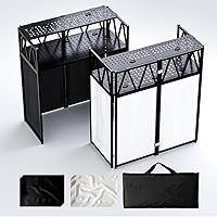 Portable DJ Booth Table,Foldable Stand with White & Black Scrim,Adjustable DJ Facade Table Station Metal Frame with Cable Hol