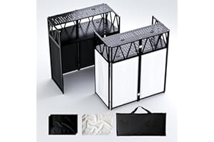 Portable DJ Booth Table,Foldable Stand with White & Black Scrim,Adjustable DJ Facade Table Station Metal Frame with Cable Hol