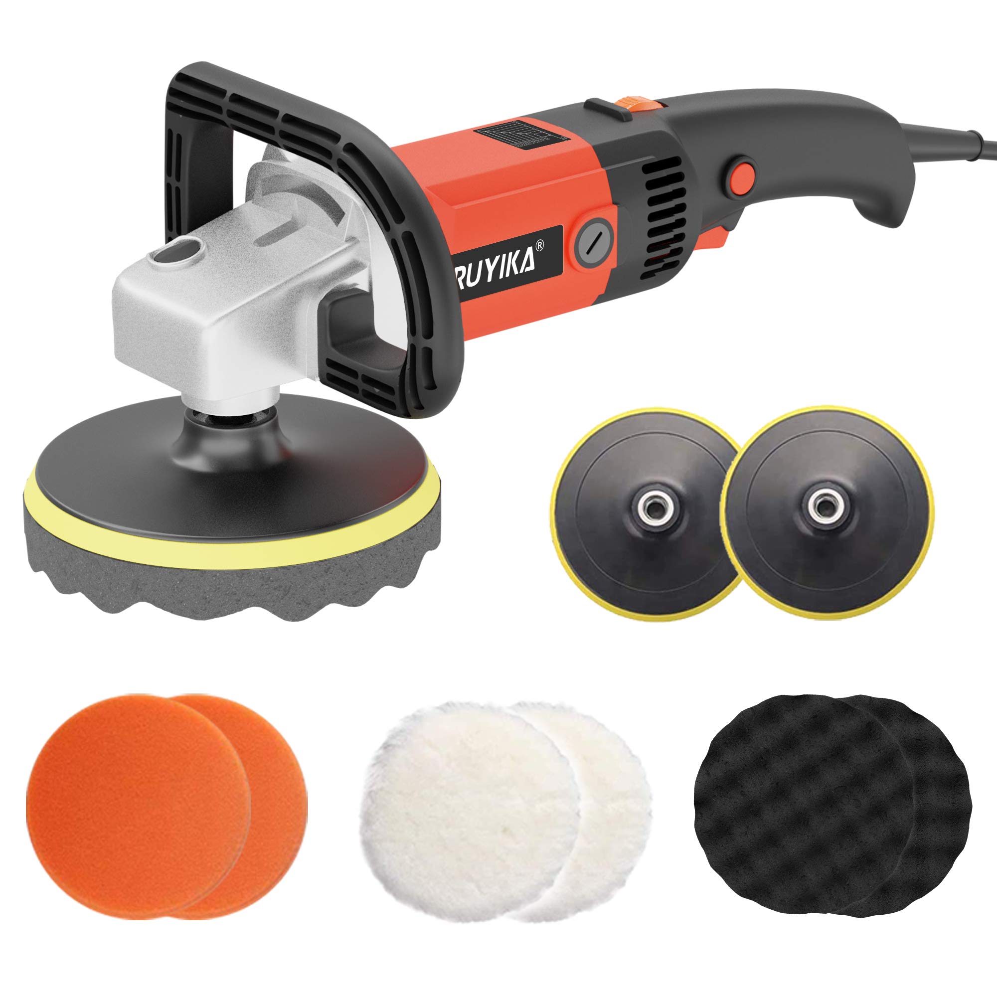 RUYIKA Electric Car Polishers and Buffers, 1600W Professional Orbit Polishing Machine, 8 Variable Speeds, 7'' 180mm Buffing Waxing Sponge Pads, Car Detailing Kit