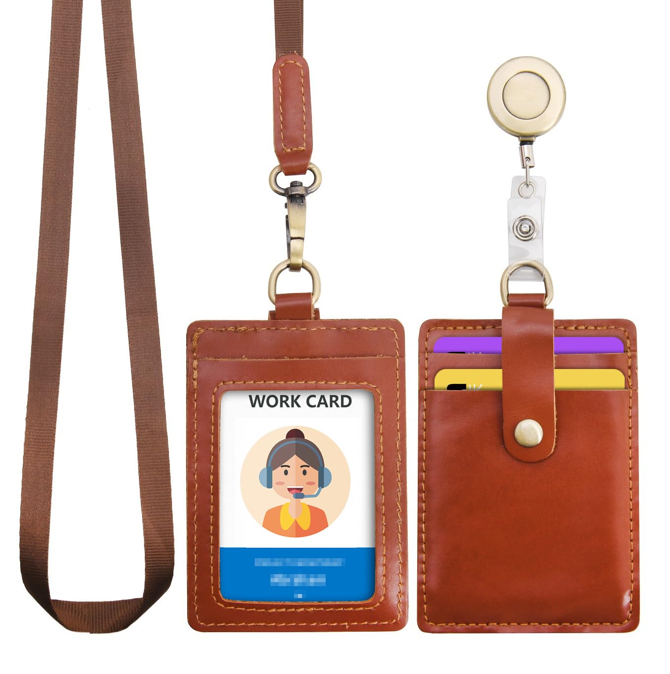 Wonderpool ID Badge Holder Genuine Leather Card Slots Case with Detachable Neck Lanyard and Retractable Badge Reel for Office School Hospital Exhibition ID & Driver Licence (Red Brown)