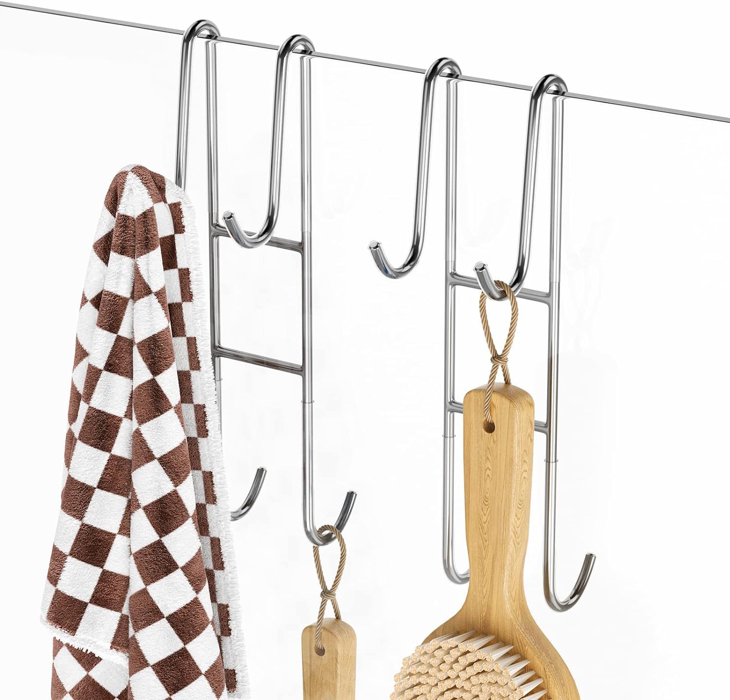 BELLE VOUS Stainless Steel Shower Door Hooks (2 Pack) - Heavy-Duty Over The Door Towel Hook Hangers for Bathroom Frameless Glass Shower Door - Silver