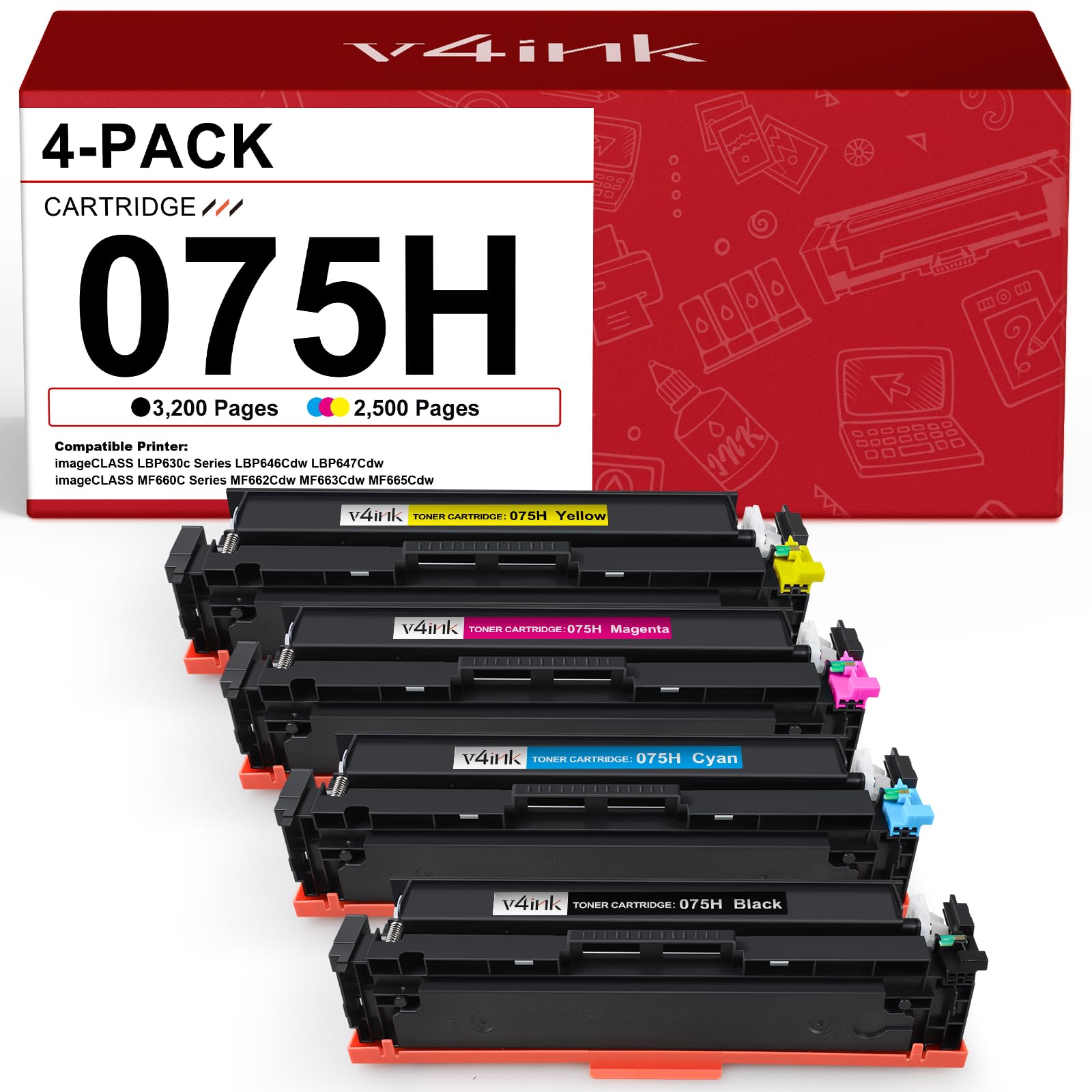 075H 075 Toner Cartridge High Capacity Compatible Replacement for Canon 075H Works for Color imageCLASS LBP640 LBP640C LBP646Cdw LBP647Cdw MF660 MF660C MF662Cdw MF663Cdw MF665Cdw Series Printer 4-Pack Image