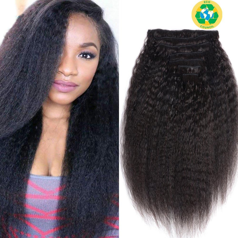 Topuhair Yaki Kinky Straight Clip In Hair Extensions 100% Brazilian Human Remy Hair 8 Pieces And 120g/Set Natural Color (10inch/25cm, Black)