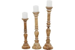 Deco 79 Mango Wood Handmade Decorative Candle Holder Tall Turned Candle Stand, Set of 3 Candlestick Holder 24", 21", 17"H, Brown