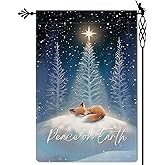 Jauageon Peace on Earth Garden Flag Nativity Night Garden Flag Star Shining on Fox Christmas Vertical Double Sided Rustic Farmland Burlap Yard Lawn Outdoor Decor 12.5x18"