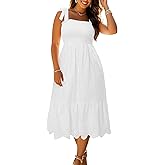 Plus Size Summer Dress 2025 - Sun Boho Casual Beach Spaghetti Strap Eyelet Midi Sundress