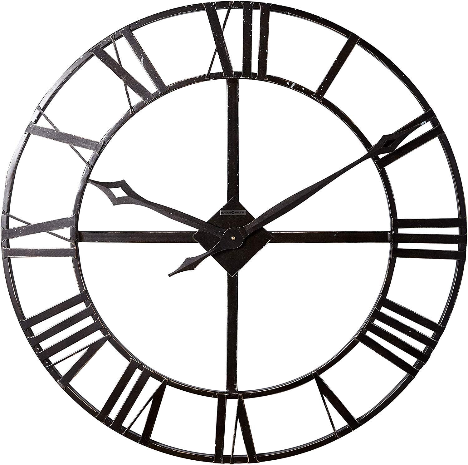 Howard MillerThis Lacy Wall Clock Features Wrought Iron Finished in Dark Charcoal Gray with Silver Edging, Stamped Roman Numerals and Matching Hands. Quartz Movement.