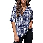 Necooer Womens V Neck Chiffon Blouse Casual Short Sleeve Striped Printed Shirts Tops (Medium,Z-Blue)