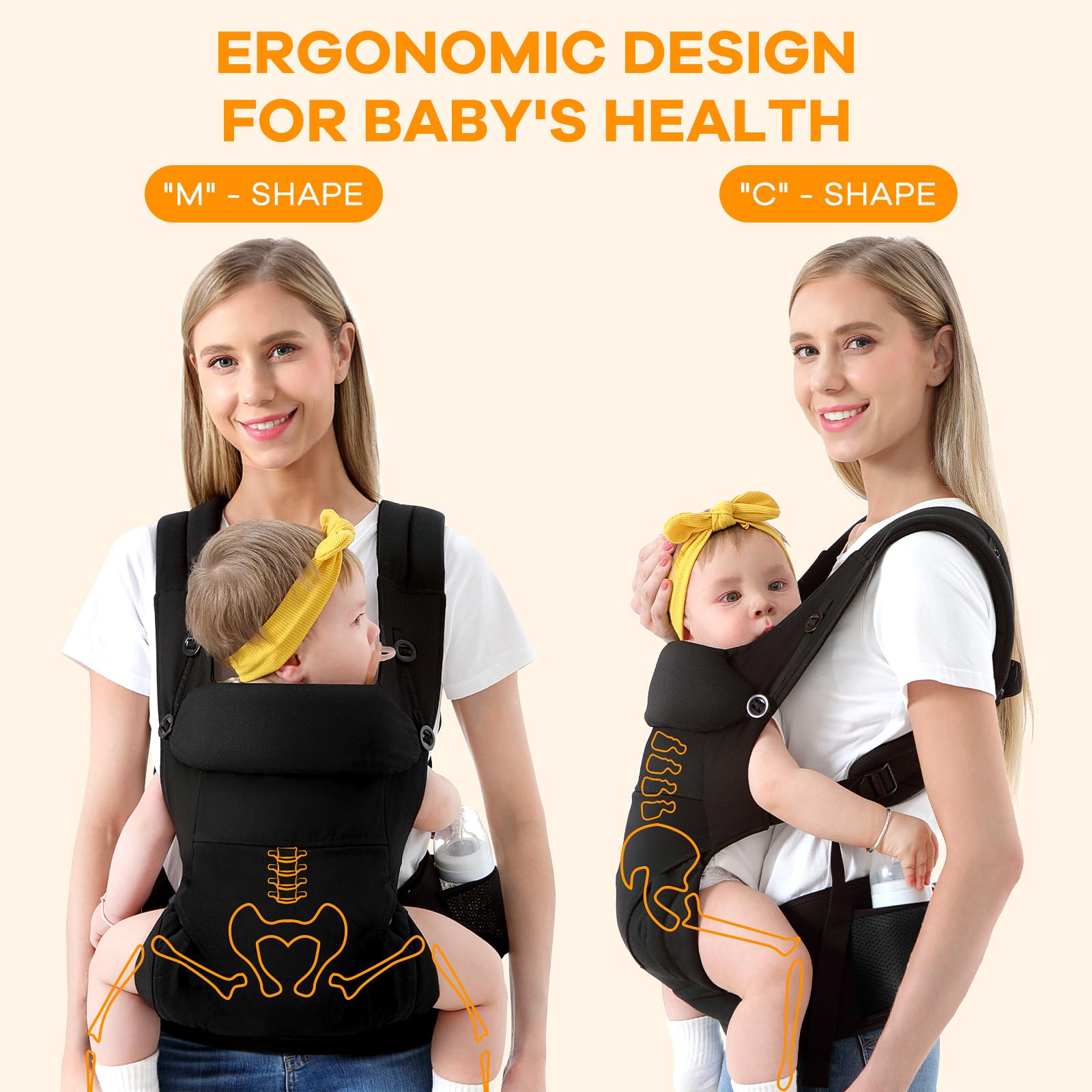 HKAI Baby Carrier for Newborn to Toddler - Multifunctional Pocket, Ergonomic Design, Comfortable Parenting and Lumbar Support for All-Position Infant Carrier (7-45lbs), Black