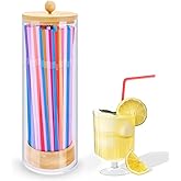 TPQKA Straw Holder Dispenser, 10-Inch Acrylic Straw Dispenser with Bamboo Lid with 100 Colorful Straws for Standard Straws, Organizer for Kitchen
