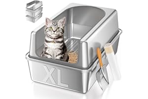 PAULMELE XL All Stainless Steel Sifting Litter Box with Lid,Sifting Cat Litter Box for Wood Pine Pellets,High Sides Sifter Litter Pan System,Odor Control,Easy to Clean,with Liners and Scoop