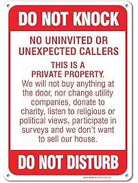 No Soliciting Sign - Do Not Knock - Do Not Disturb Sign - 10" high x 7" wide, Red on White, Rust Free Aluminum Sign