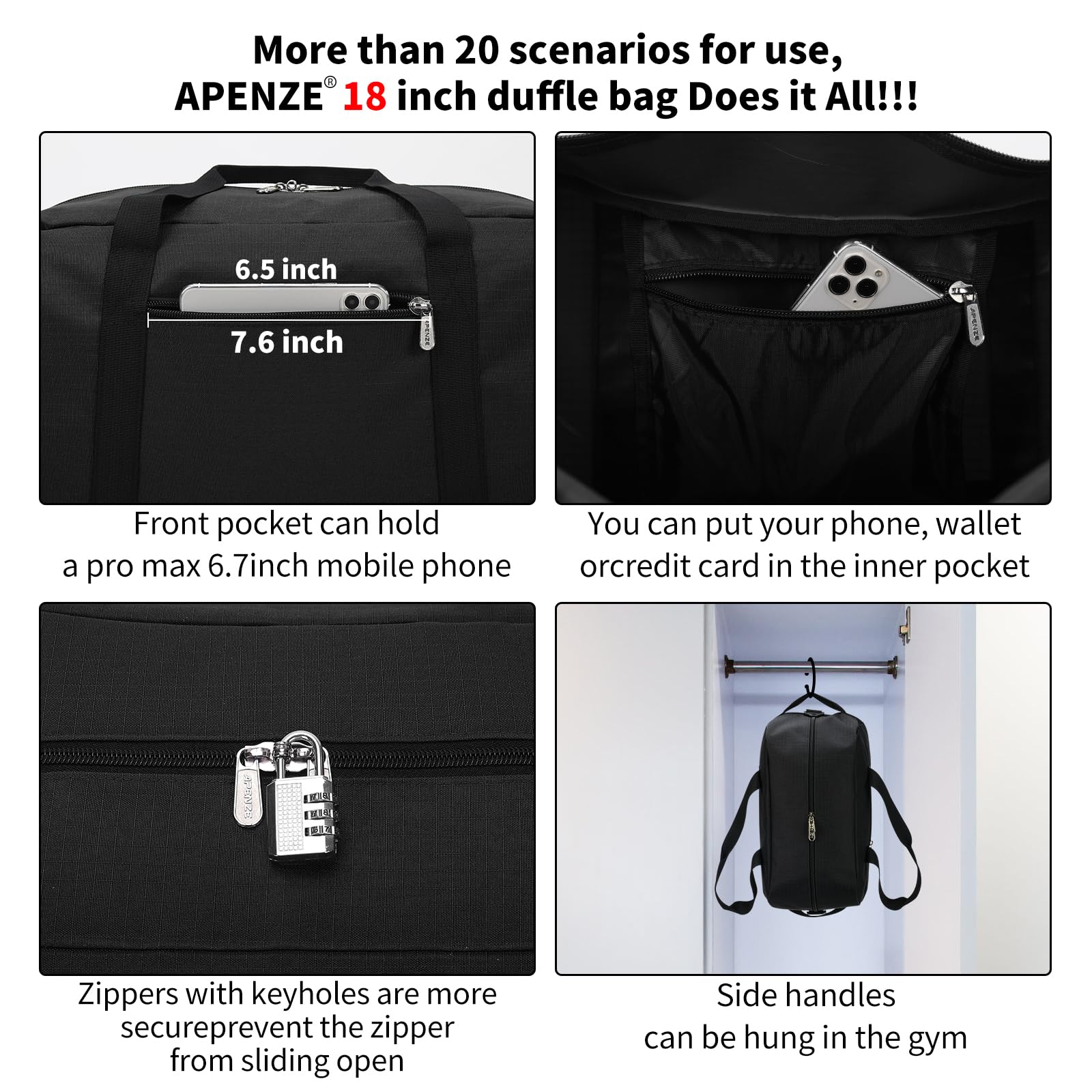 Apenze Small Gym Bag 18 inch Carry On Duffel Bag for Weekender Travel - Black